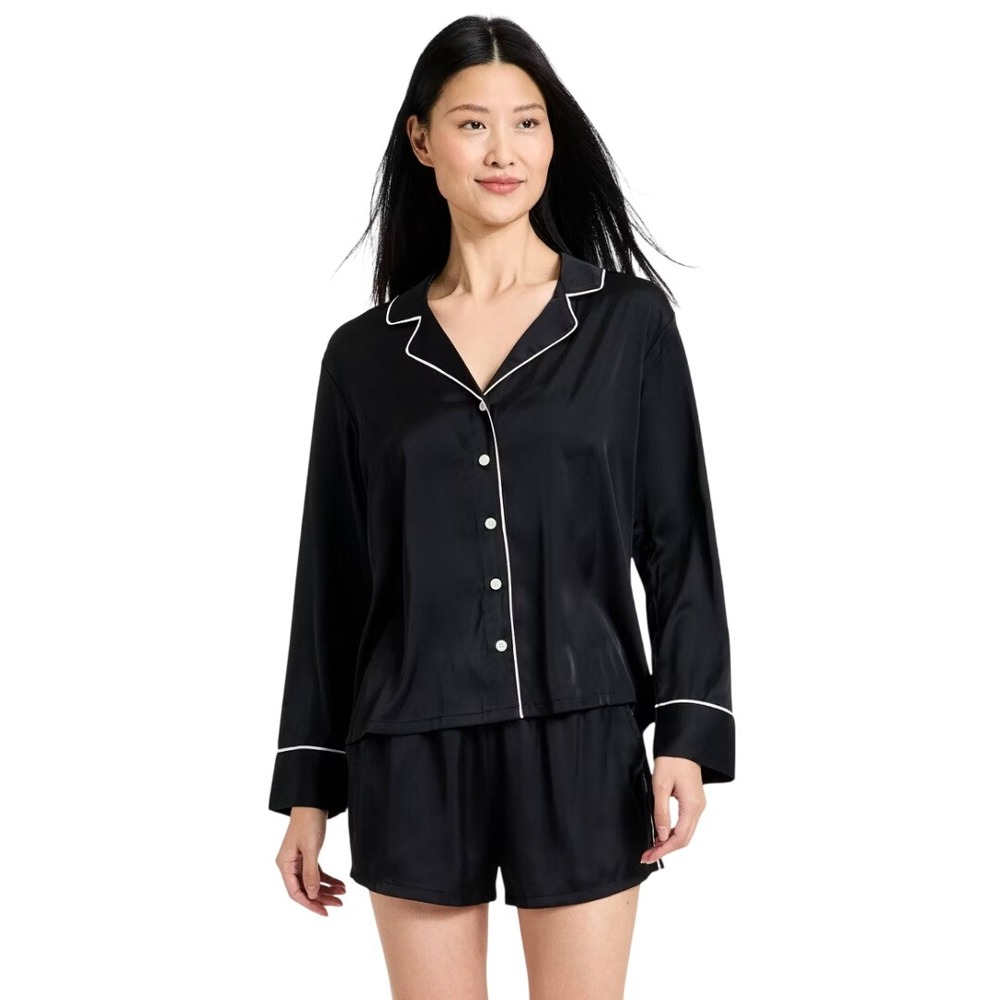 Auden Luxe Satin Pajama Set Black Long Sleeve Top and‎ Shorts 2pc Size XS